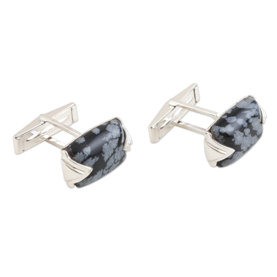 Men's obsidian cufflinks, 'Snowflake Elegance' - Men's Sterling Silver and Snowflake Obsidian Cufflinks