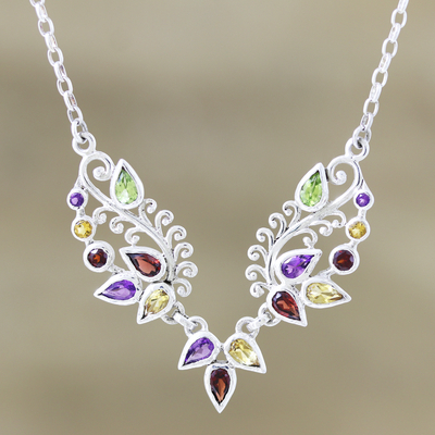 Multi-gemstone pendant necklace, 'Fruit Salad' - Amethyst and Garnet Gemstone Pendant Necklace