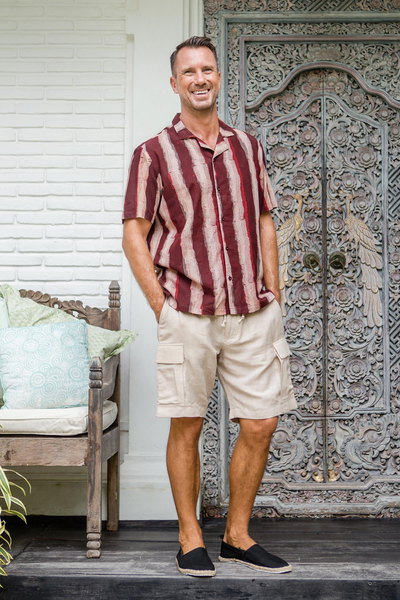 Linen-blend cargo shorts, 'Spring Cool in Sand' - Linen-Blend Cargo Shorts with Drawstring