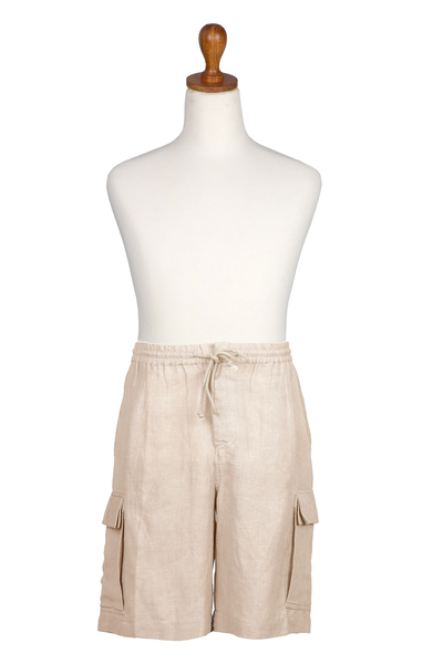 Linen-blend cargo shorts, 'Spring Cool in Sand' - Linen-Blend Cargo Shorts with Drawstring