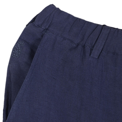 Men's linen-blend pants, 'centre Stage in Navy' - Men's Embroidered Linen-Blend Pants