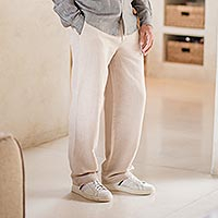 Men's linen-blend pants, 'Center Stage in Beige' - Men's Embroidered Linen-Blend Pants from India