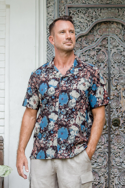 Herren-Baumwollhemd mit Blockdruck, „Time for the Tropics“ – Herren-Baumwollhemd mit Blockdruck und Blumenmotiv