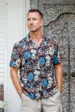 Men's block-printed cotton shirt, 'Dabu Tropics' - Men's Block-Printed Cotton Shirt with Floral Motif