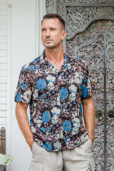 Men's block-printed cotton shirt, 'Time for the Tropics' - Men's Block-Printed Cotton Shirt with Floral Motif