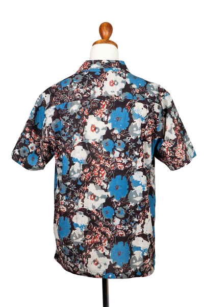 Herren-Baumwollhemd mit Blockdruck, „Time for the Tropics“ – Herren-Baumwollhemd mit Blockdruck und Blumenmotiv