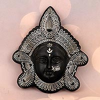 Silver inlay bidri mask, 'Silver Durga' - Silver Inlay Bidriware Wall Mask from India
