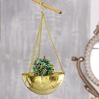 Brass planter, 'Charmed By You' - Hand Crafted Hanging Brass Planter