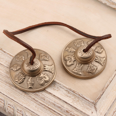 Leather Accented Brass Prayer Bells from India - Ritual Sound
