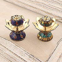 Brass incense holders, 'Fragrant Petals' (pair) - Brass Lotus-Themed Incense Holders (Pair)