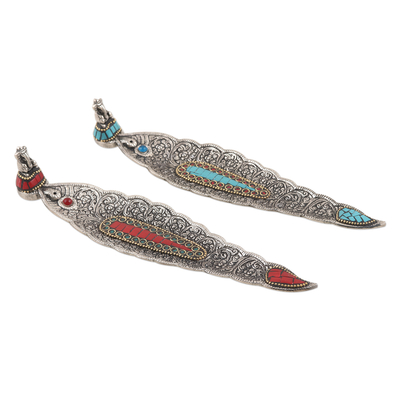 aluminium incense holders, 'Ganesha's Glory' (pair) - aluminium Incense Holders with Resin Tiles (Pair)