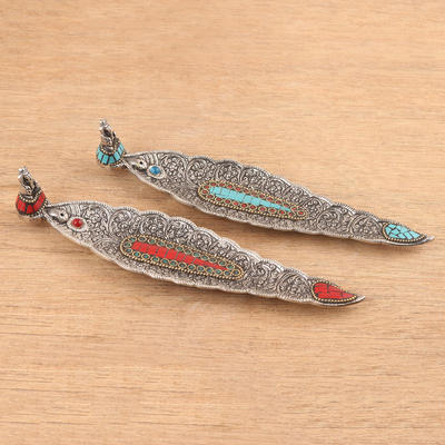 Aluminum incense holders, 'Ganesha's Glory' (pair) - Aluminum Incense Holders with Resin Tiles (Pair)