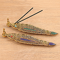 Brass incense holders, 'Buddha's Nature' (pair) - Brass Incense Holders with Antique Finish (Pair)