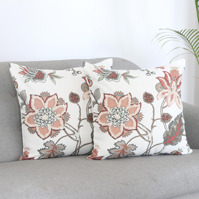Embroidered cotton cushion covers, 'Floral Enigma' (pair) - Embroidered Cotton Cushion Covers with Floral Motif (Pair)