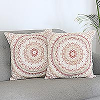 Embroidered cotton cushion covers, 'Blooming Mandala' (pair) - Embroidered Cotton Cushion Covers with Mandala Motif (Pair)