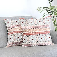 Embroidered cotton cushion covers, 'Palace Romance' (pair) - Cotton Cushion Covers with Architectural Motif (Pair)