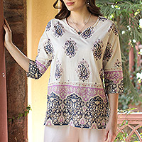Block-printed cotton tunic, 'Glory of Jaipur' - Block-Printed Cotton Tunic with Paisley Motif