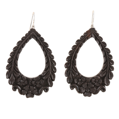 Ebony wood dangle earrings, 'Garden Whisper' - Ebony Wood Dangle Earring with Floral Motif