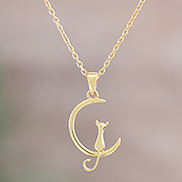 Gold-plated pendant necklace, 'Crescent Cat' - Gold-Plated Cat and Crescent Moon Pendant Necklace