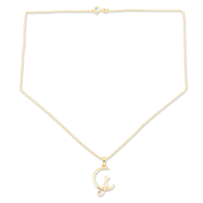 Vergoldete Halskette mit Anhänger, „Crescent Cat“ – Vergoldete Halskette mit Katzen- und Halbmond-Anhänger