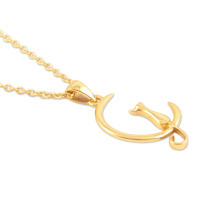 Gold-plated pendant necklace, 'Crescent Cat' - Gold-Plated Cat and Crescent Moon Pendant Necklace