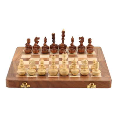 Mini wood chess set, 'Leisure Time' - Hand Carved Acacia Wood Chess Set