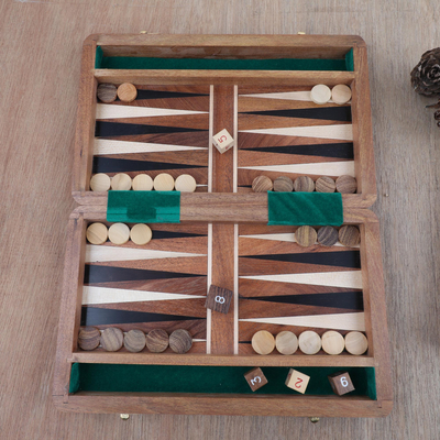 Mini wood backgammon set, 'Play it Cool' - Hand Carved Acacia Wood Backgammon Set
