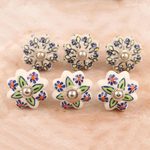 Decorative ceramic knobs, 'Flower colour' (set of 6) - Decorative Ceramic Knobs with Floral Motif (Set of 6)