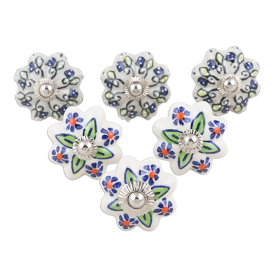 Decorative ceramic knobs, 'Flower Color' (set of 6) - Decorative Ceramic Knobs with Floral Motif (Set of 6)