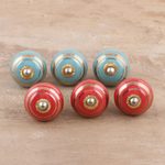 Decorative ceramic knobs, 'Hot and Cold' (set of 6) - Hand-Painted Ceramic Knobs from India (Set of 6)