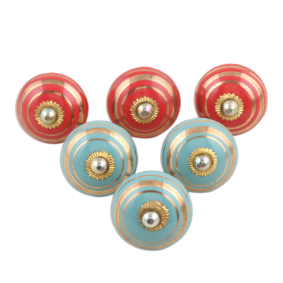 Decorative ceramic knobs, 'Hot and Cold' (set of 6) - Hand-Painted Ceramic Knobs from India (Set of 6)