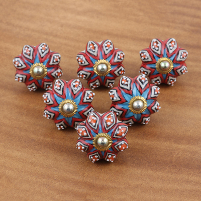 Tiradores de ceramica decorativos, (juego de 6) - Tiradores de ceramica con motivo floral de la India (juego de 6)