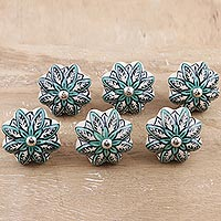 Decorative ceramic knobs, 'Underwater Petals' (set of 6) - Hand-Painted Ceramic Knobs with Floral Motif (Set of 6)