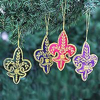 Embroidered ornaments, 'Royal Lilies' (set of 4)