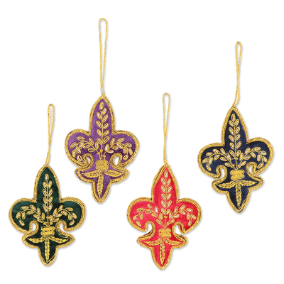 Embroidered ornaments, 'Royal Lilies' (set of 4) - Set of 4 Handcrafted Embroidered Classic Ornaments