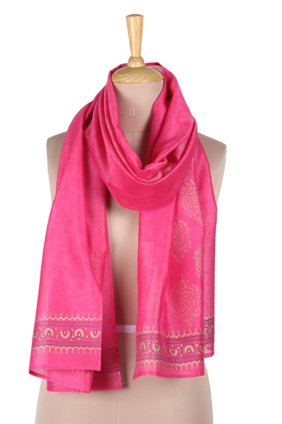 Block-printed cotton blend shawl, 'Ruby Sea' - Block-Printed Cotton Blend Shawl from India