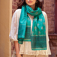 Block-printed cotton blend shawl, 'Kingdom Come' - Block-Printed Cotton and Silk Shawl