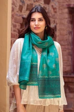 Block-printed cotton blend shawl, 'Kingdom Come' - Block-Printed Cotton and Silk Shawl