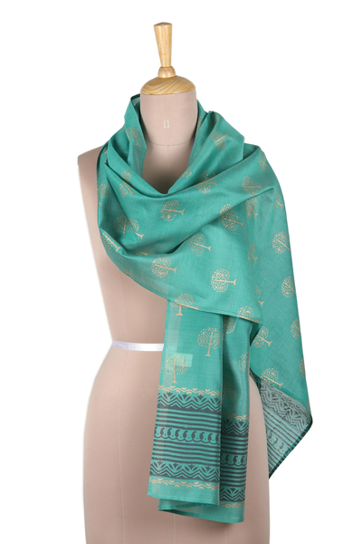 Block-printed cotton blend shawl, 'Kingdom Come' - Block-Printed Cotton and Silk Shawl