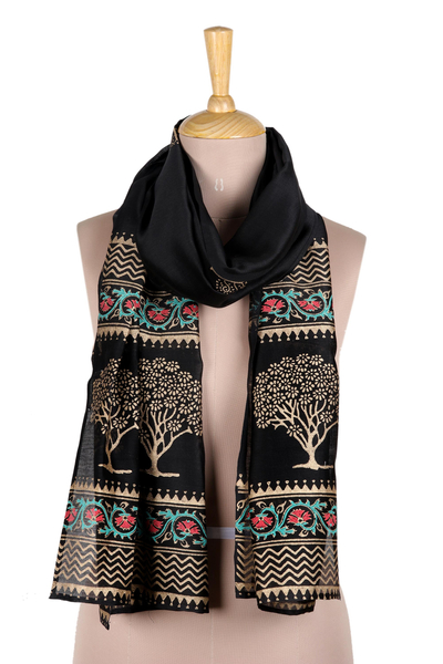 Block-printed cotton blend shawl, 'Dark Dreams' - Hand-Woven Cotton and Silk Shawl