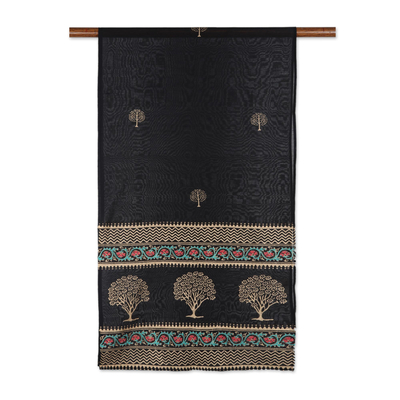 Block-printed cotton blend shawl, 'Dark Dreams' - Hand-Woven Cotton and Silk Shawl