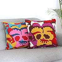 Chain-stitched cotton cushion covers, 'Funny Face' - Chain-Stitched Cotton Cushion Covers (Pair)