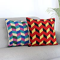 Chain-stitched cotton cushion covers, 'Zigzag Maze' (pair) - Cotton Cushion Covers with Geometric Motif (Pair)