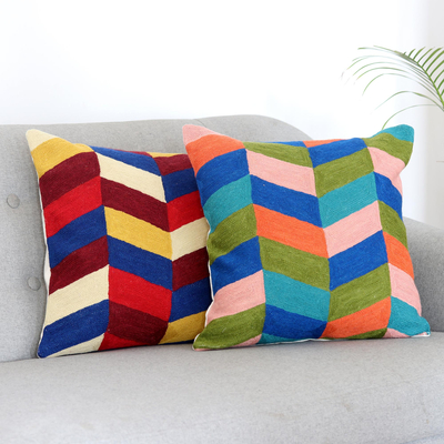 Chain-stitched cotton cushion covers, 'colourful Count Down' (pair) - Embroidered Cotton Cushion Covers from India (Pair)