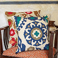 Chain-stitched cotton cushion covers, 'Bloom, Baby' (pair) - Embroidered Cotton Cushion Covers with Floral Motif (Pair)
