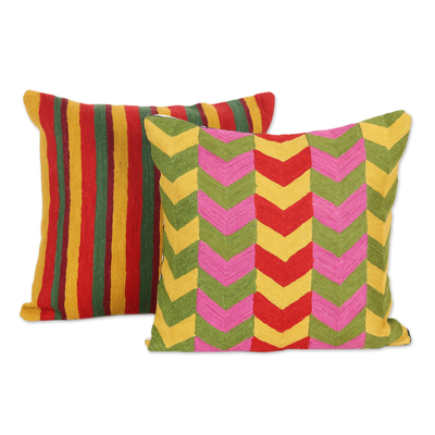 Chain-stitched cotton cushion covers, 'New Best Friend' (pair) - Patterned Cotton Cushion Covers from India (Pair)