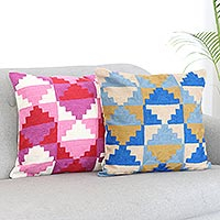 Chain-stitched cotton cushion covers, 'Video Games' (pair) - Embroidered Geometric Cotton Cushion Covers (Pair)