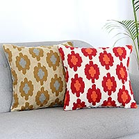 Chain-stitched cotton cushion covers, 'Quick Switch' (pair) - Indian Cotton Cushion Covers with Chain Stitching (Pair)