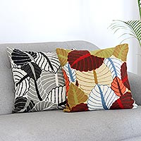 Chain-stitched cotton cushion covers, 'Leaf Pile' (pair) - Embroidered Cotton Cushion Covers with Leaf Motif (Pair)