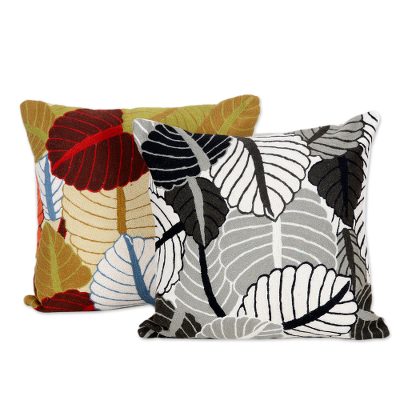 Embroidered Cotton Cushion Covers with Leaf Motif (Pair)